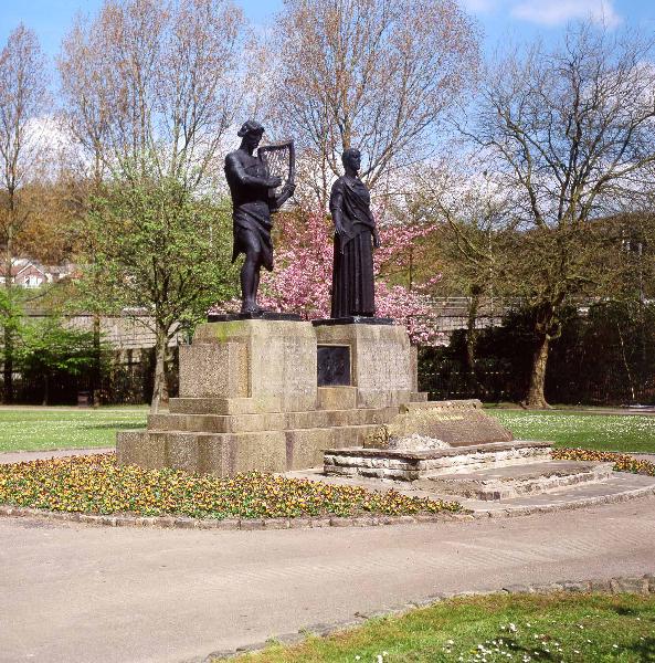 Pontypridd. Ynysangharad Park. Memorial to Evan James and James James. Photo Pontypridd Museum.