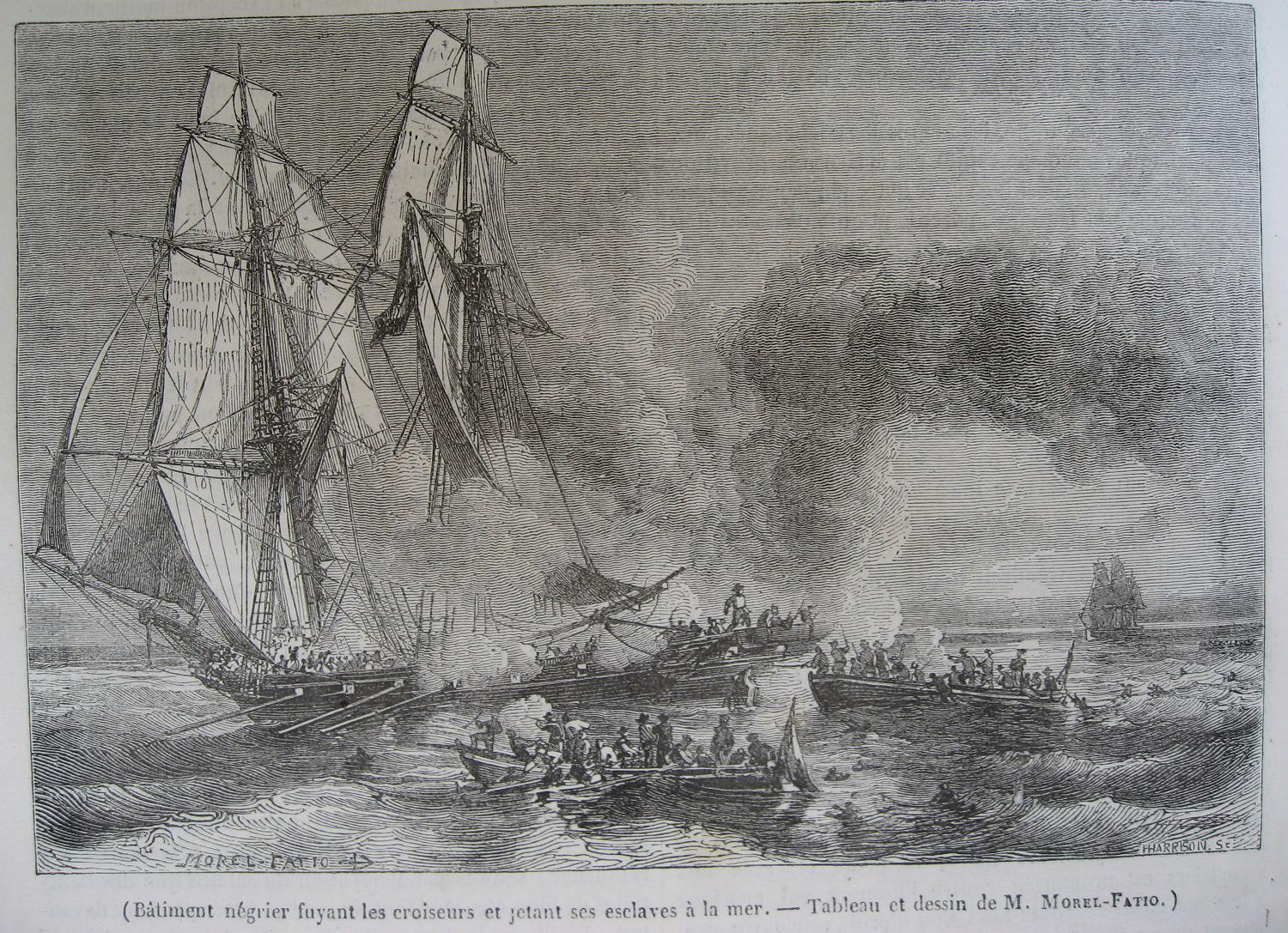 Tableau de Morel-Fatio (du Magasin Pittoresque de 1844) qui représente des croiseurs militaires coursant une goélette négrière. Cliquer pour agrandir.
