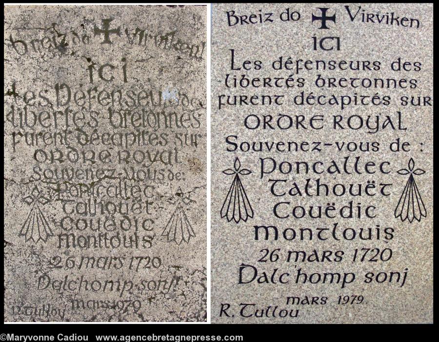 L'ancienne et la nouvelle plaque au marquis de Pontcallec ou <b>Le jeu des sept erreurs</b>  ou huit si on considère la forme non fidèle des hermines. <b>Cliquer sur les photos pour les agrandir</b>.