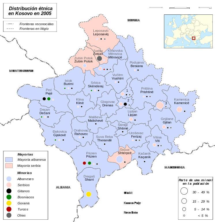 Carte ethnique du Kosovo en 2005 : des mouvements d'épuration ethnique ayant eu lieu dans les deux camps  les serbes sont aujourd'hui groupés dans les trois districts du nord.