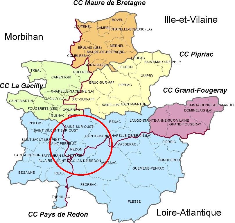 Carte du pays de Redon. En rouge le périmètre possible du futur grand Redon.
