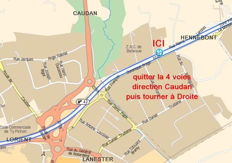 Plan de Caudan - Lorient. Quitter la 4 voies direction <b>Morlaix</b> puis la longer vers l'est.