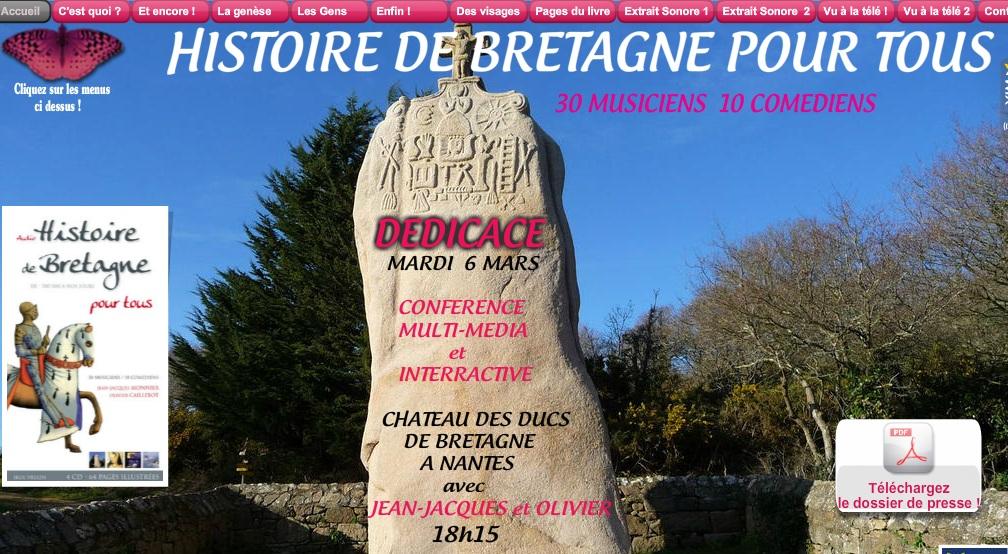 Annonce de la conférence à Nantes le 6 mars sur le site dédié au livre <i>Histoire de Bretagne pour tous.</i> Audio-livre des Éditions Skol Vreizh paru en 2012.