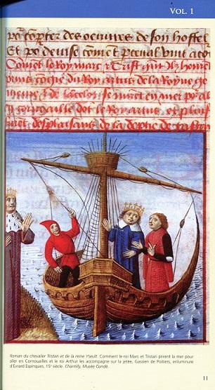 <i>Roman du chevalier Tristan et de la reine Yseult.</i> Comment le roi Marc et Tristan [cette partie déchiffrable en début de la ligne en rouge] prirent la mer pour aller en Cornouailles et le roi Arthur les accompagne sur la jetée  Gassien de Poitiers  enluminure XVe siècle. Chantilly  Musée Condé.
