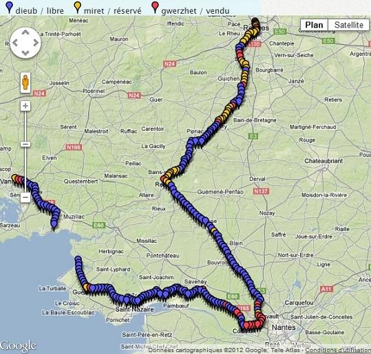 Le point sur les km libres réservés et vendus à ce jour entre Rennes; Nantes et Vannes.