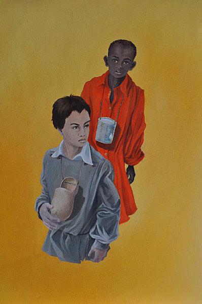 Le tableau de l\'artiste bretonne Gaëlle Le Bris en couverture du livre. En Bretagne un sabot ; en Afrique une boîte de conserve avec des os. Contre la langue vernaculaire. Même combat. Décrit par Yvon Ollivier dans la video.