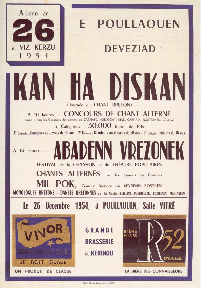L'affiche du premier fest-noz annoncé pour le 26 
décembre 1954 à Poulaouen.