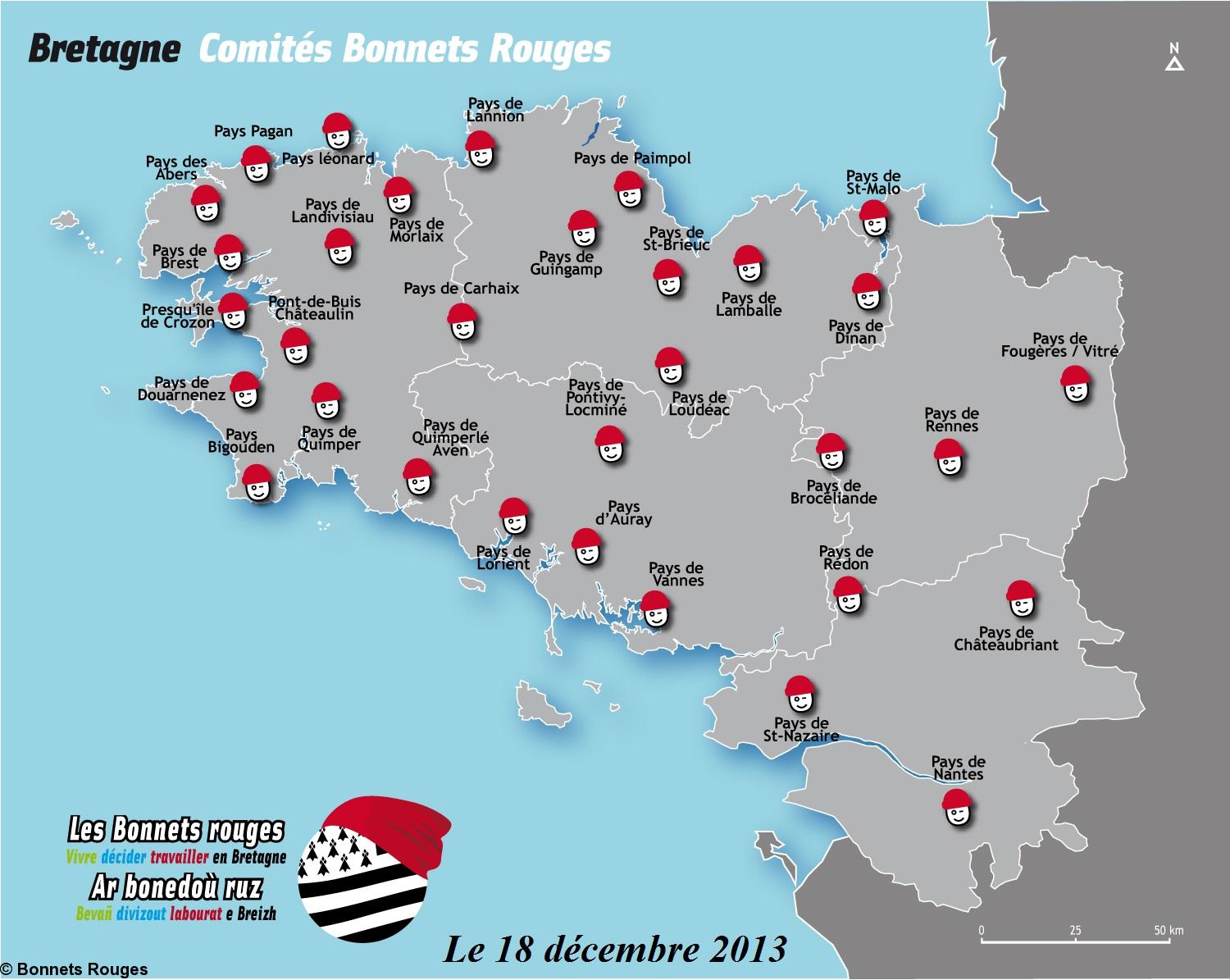 Carte des comités locaux <i>Bonnets Rouges</i> en Bretagne, en date du 18 décembre 2013 sur le site officiel http://bonnetsrougesbzh.eu/