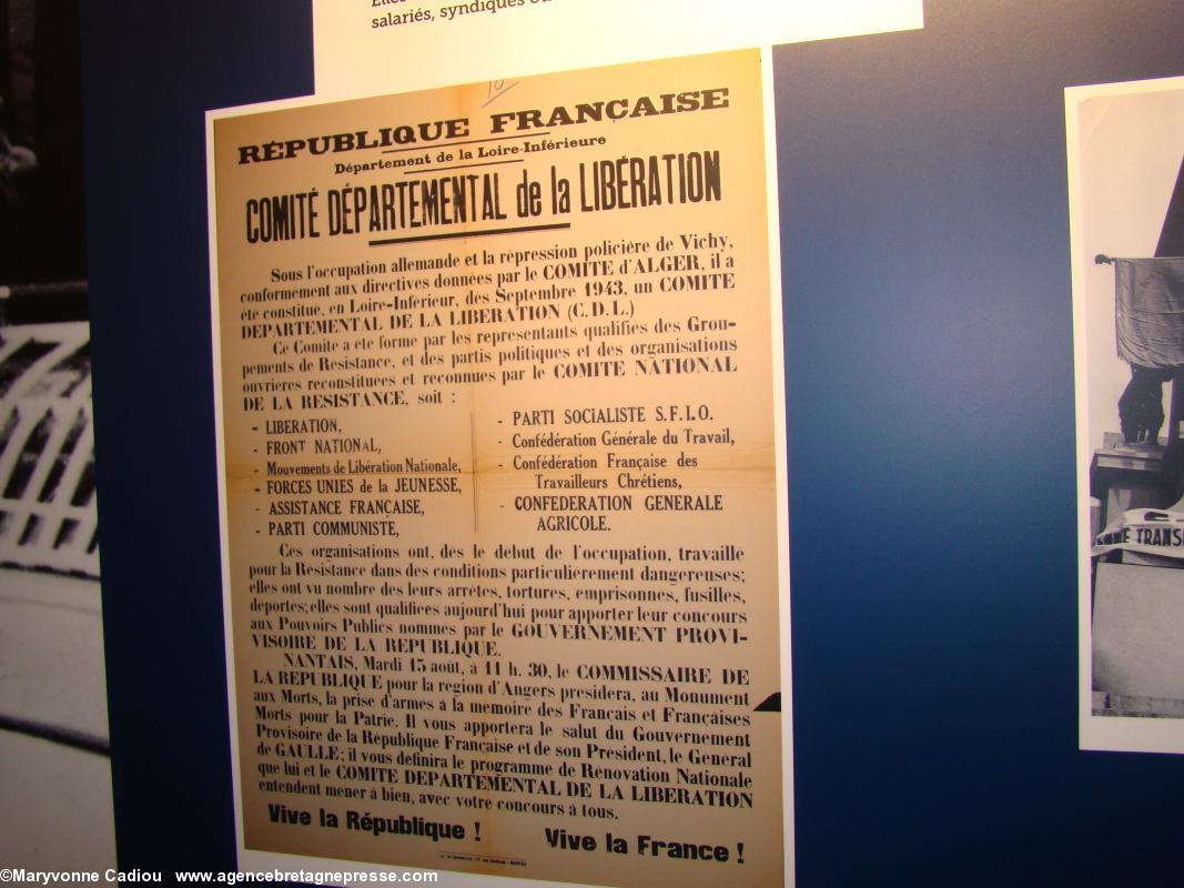 Comité de Libération fondé en septembre 1943. Histoire du syndicalisme ouvrier en Basse-Loire. Exposition à l'Hôtel du Département.