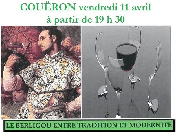 Mini-affiche de la soirée oenologique à Couëron le 11 avril <i>Le berligou entre tradition et modernité</i>.