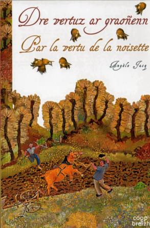 Livre bilingue d'Angèle Jacq breton/français par paraphes alternés des deux langues. Celles-ci sont colorées : le breton en noir et le français en multiples couleurs et agrémentées de reproductions de peintures de Lucien Pouëdras. 
Ed. Coop Breizh.