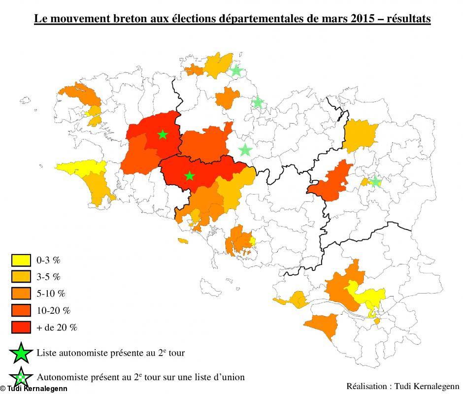 Carte des votes pour les candidats se réclamant de la Bretagne aux 1er tour des élections departementales (22 mars 2015). Cop. Tudi Kernalegenn