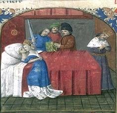 50. Mort de Tristan et Iseut, enluminure de Tristan de Léonois, France, Ahun, XVe siècle, BNF