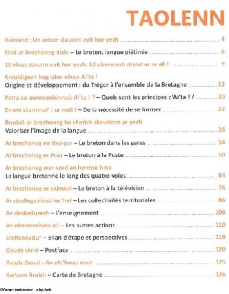 Table des matières de Désobéir pour la langue bretonne, par Ai'ta !, Fouesnant, Yoran embanner, 2016, 128 p.
