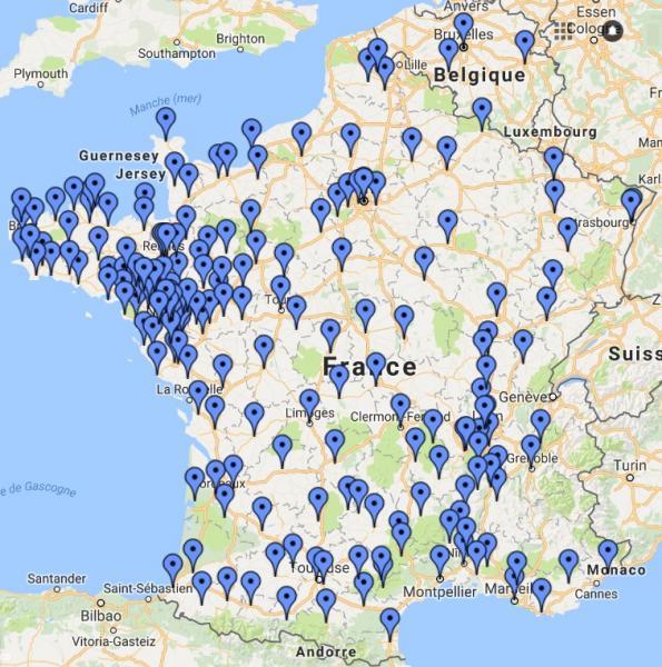 Carte des comités de soutien à la lutte contre le projet d’aéroport de Notre-Dame des Landes. Il y manque celui de Genève, tout récent.