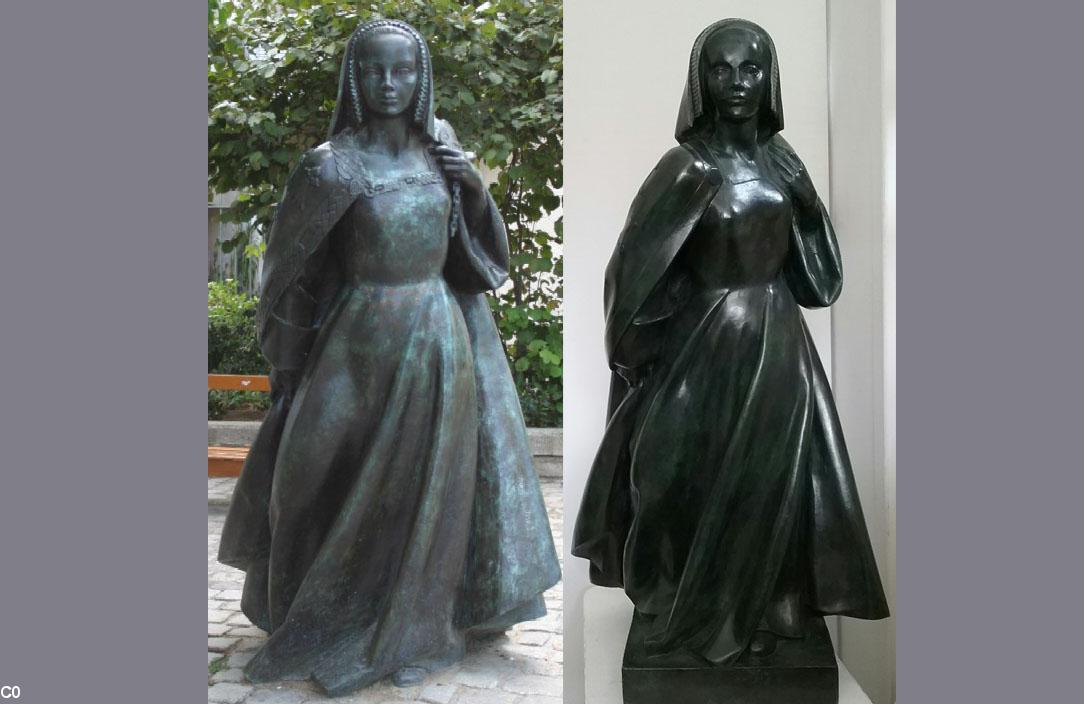Les deux bronzes de la duchesse Anne par Jean Fréour. A gauche la statue devant le château des ducs, à droite l'autre bronze de la duchesse (collection privée de Soazig Fréour)
