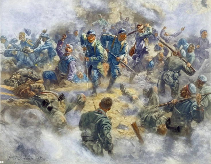Peinture de Henri Georges Jacques Chartier (1859 - 1924) montrant la reprise du Fort de Douaumont par des troupes coloniales dont des Somaliens qui ne parlaient même pas Français et dont on en fit des héros malgré eux. Peinture visible au musée de l'armée.