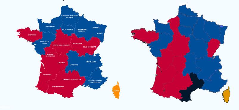 À gauche le résultat des régionales en 2015 (bleu la droite, rouge, la gauche, jaune régionalistes), A droite si la réforme électorale n'avait pas eu lieu, la Languedoc aurait été FN (aujourd'hui RN)