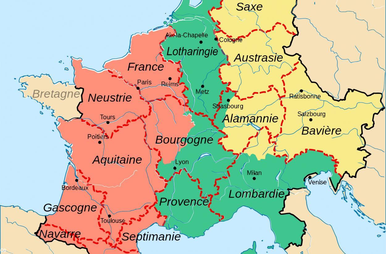 L’Europe continentale en 843 juste après le traité de Verdun.
