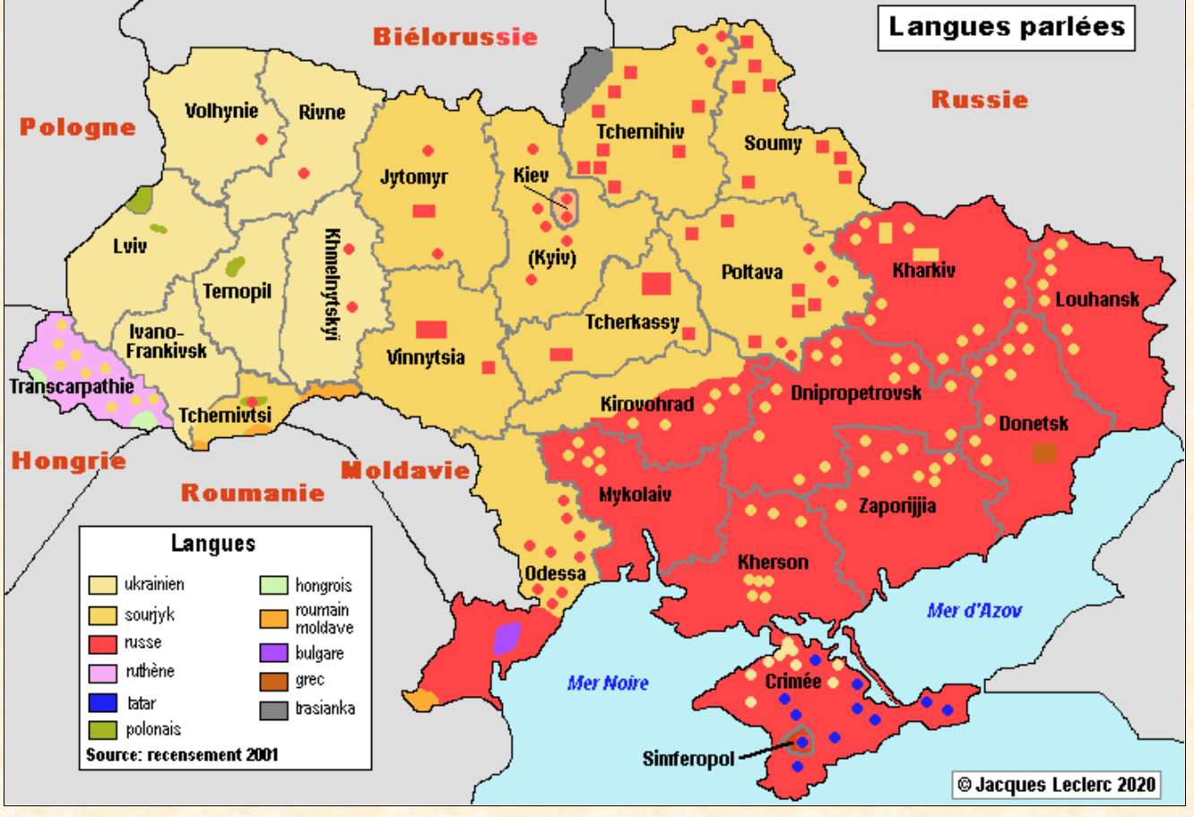 Les langues parlées en Ukraine  Carte de Jacques Leclerc https://www.axl.cefan.ulaval.ca/europe/ukraine-1demo.htm