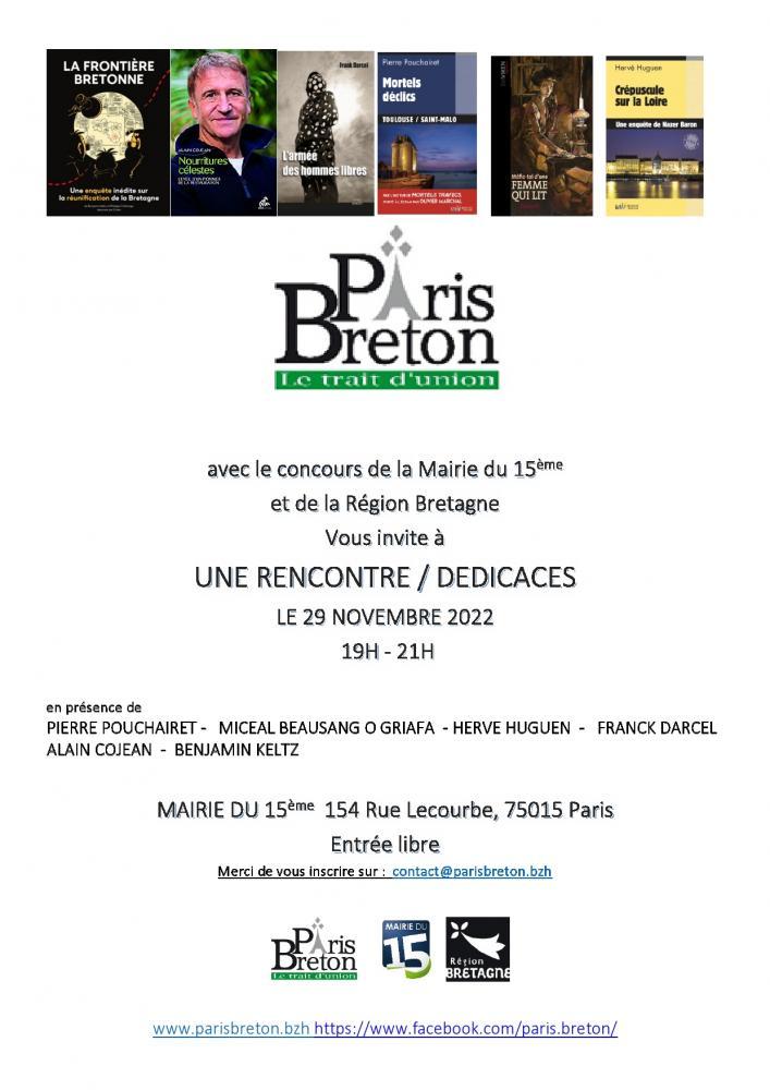 Soirée Rencontre Dédicaces organisée par Paris Breton  le 29 novembre 2022 à Paris 15ème
