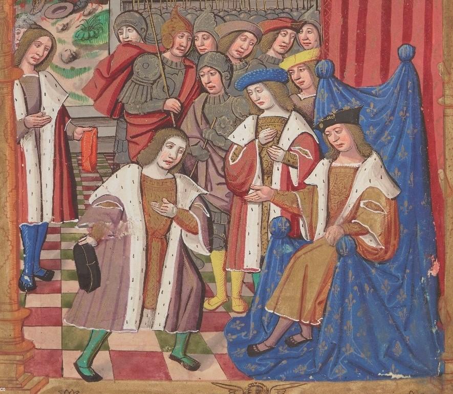 Hommage de saint Judicaël à Dagobert I, Guillaume Crétin, Chroniques françaises, XVIe siècle (Paris, BnF, Français 2819 f.74v)