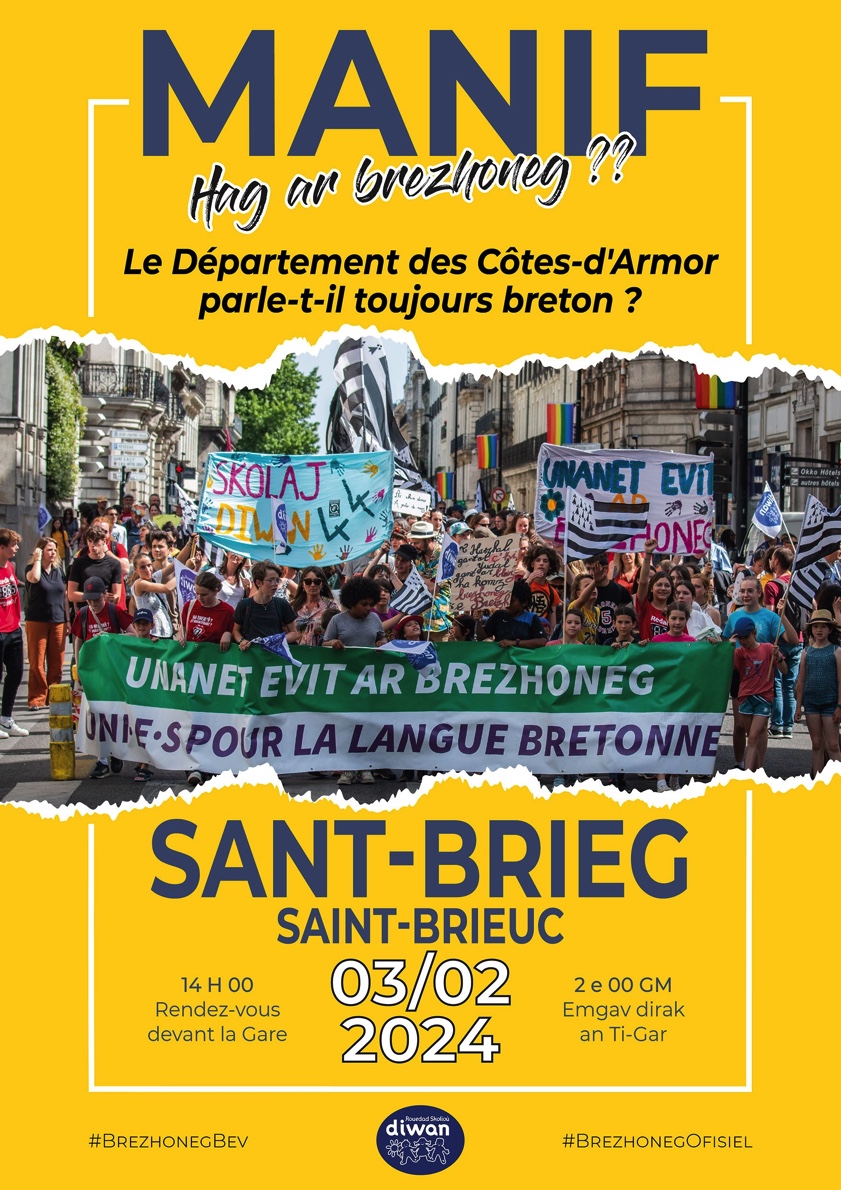 Manifestation pour la langue bretonne à l’appel de Diwan, Samedi 3 février à 14 heures, Place de la gare à Saint-Brieuc.