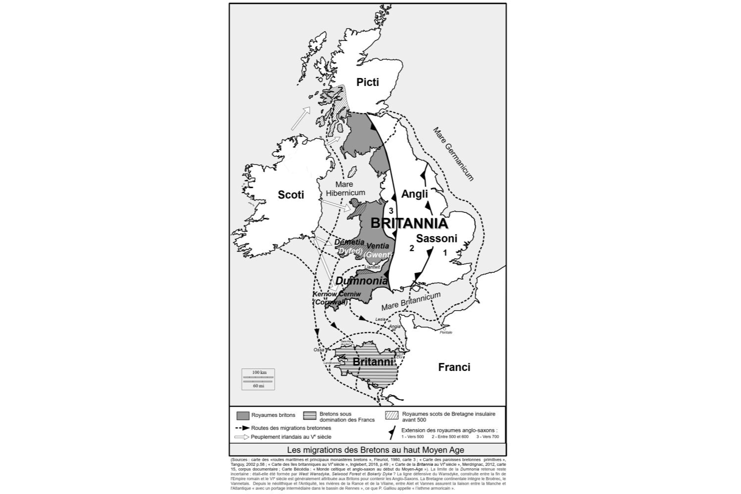 Les migrations des Bretons au haut Moyen Age (cf. sources)