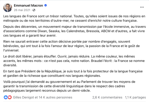 Le président sur Facebook le 26 mai 2021